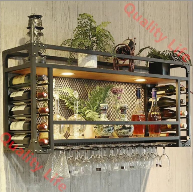 壁掛けワインラック 素朴な壁ワインボトルグラスホルダー ワインキャビネット キッチンバーユニット フローティングシェルフ ウォールシェルフストレージオーガナイザーラック ワイン収納ディスプレイラック 60 30 55 cm