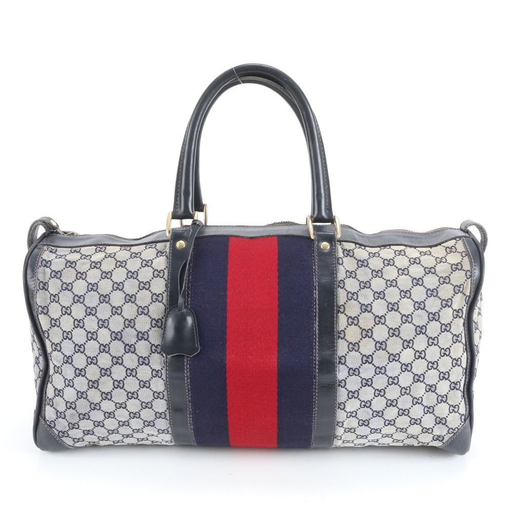 美品 グッチ GGキャンバス シェリー ライン レザー ボストン バッグ