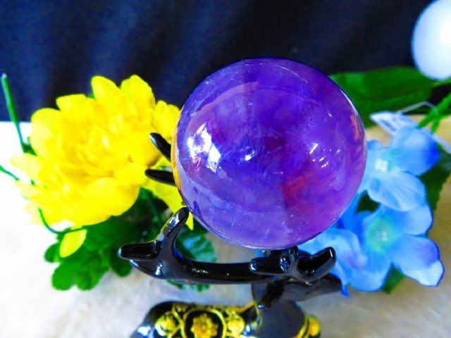 超迫力 品 ブラジル産 天然水晶宝石 アメジスト丸玉278 g 45ｍｍ 台付きｔｒ34245