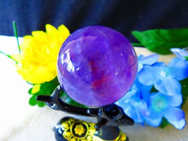  超迫力 品 ブラジル産 天然水晶宝石 アメジスト丸玉278 g 45ｍｍ 台付きｔｒ34245 オーナメント ラッピング 包装