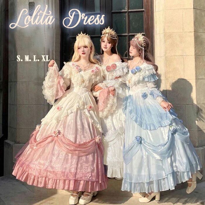 ロリータ ドレス ワンピース レディース プリンセス風 豪華 レース フリル 花飾り 姫系 ロングドレス 演奏会 発表会 舞台衣装 撮影会 ピンク ブルー ホワイト