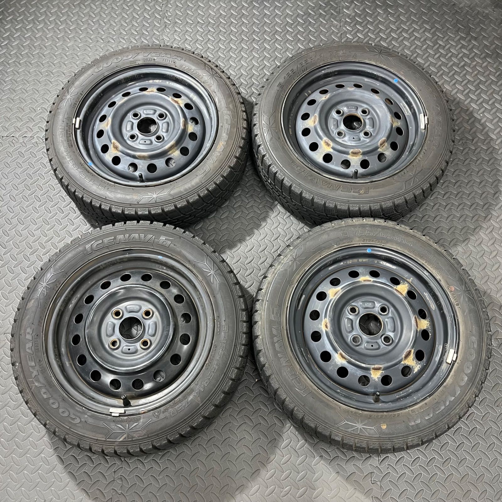 ◇中古155/65R14 2019年製スタッドレスセット　スペーシア 19年製 155/65R14 グッドイヤー アイスナビ6 スズキ アルト ワゴンR