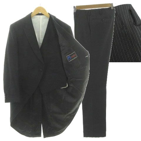 スリーエム THREE M モーニングコート 燕尾服 スリーピース ジャケット ピークドラペル ベスト パンツ ブラック 黒 ストライプ グレー