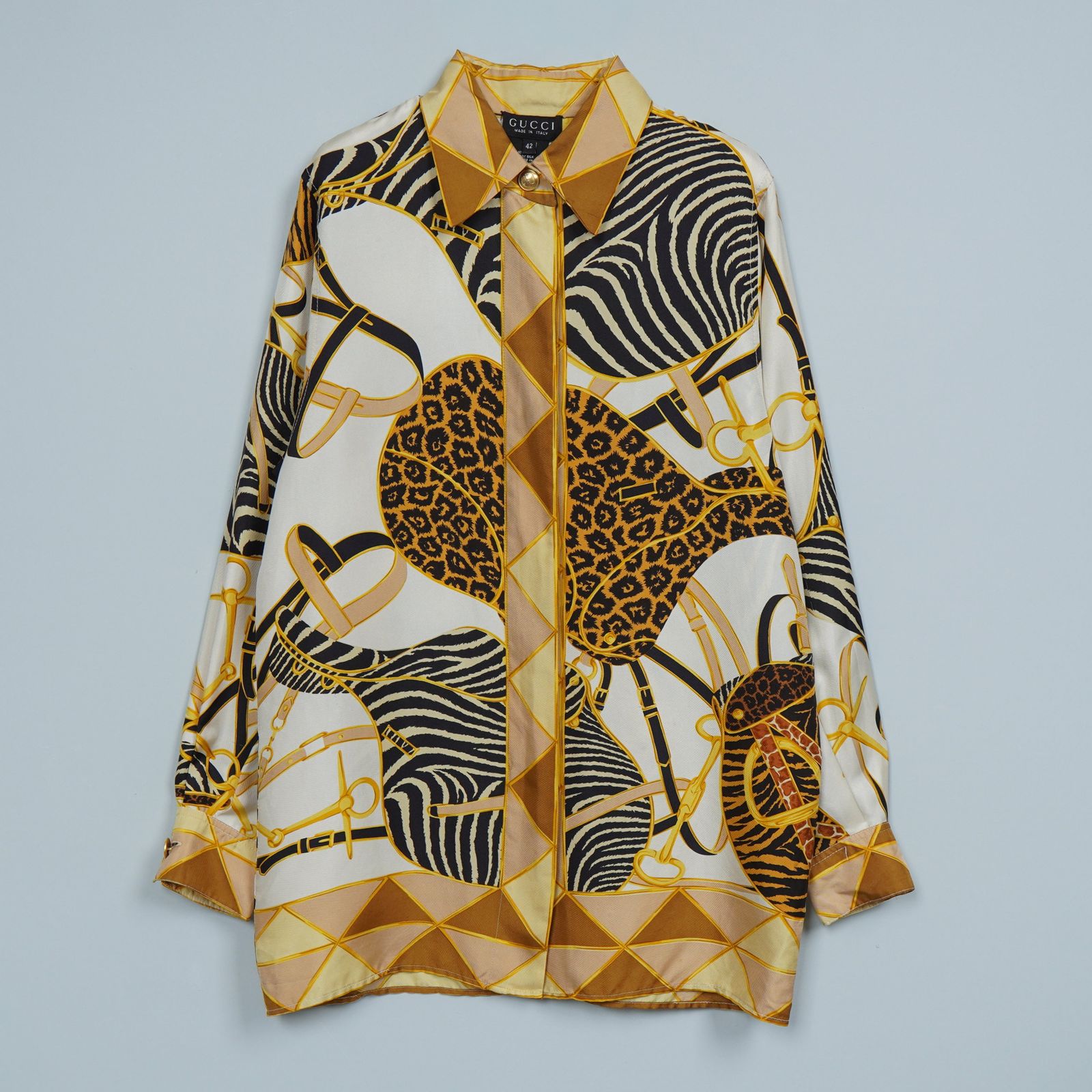 グッチ アニマル柄 金ボタン シルク 長袖シャツ マルチカラー