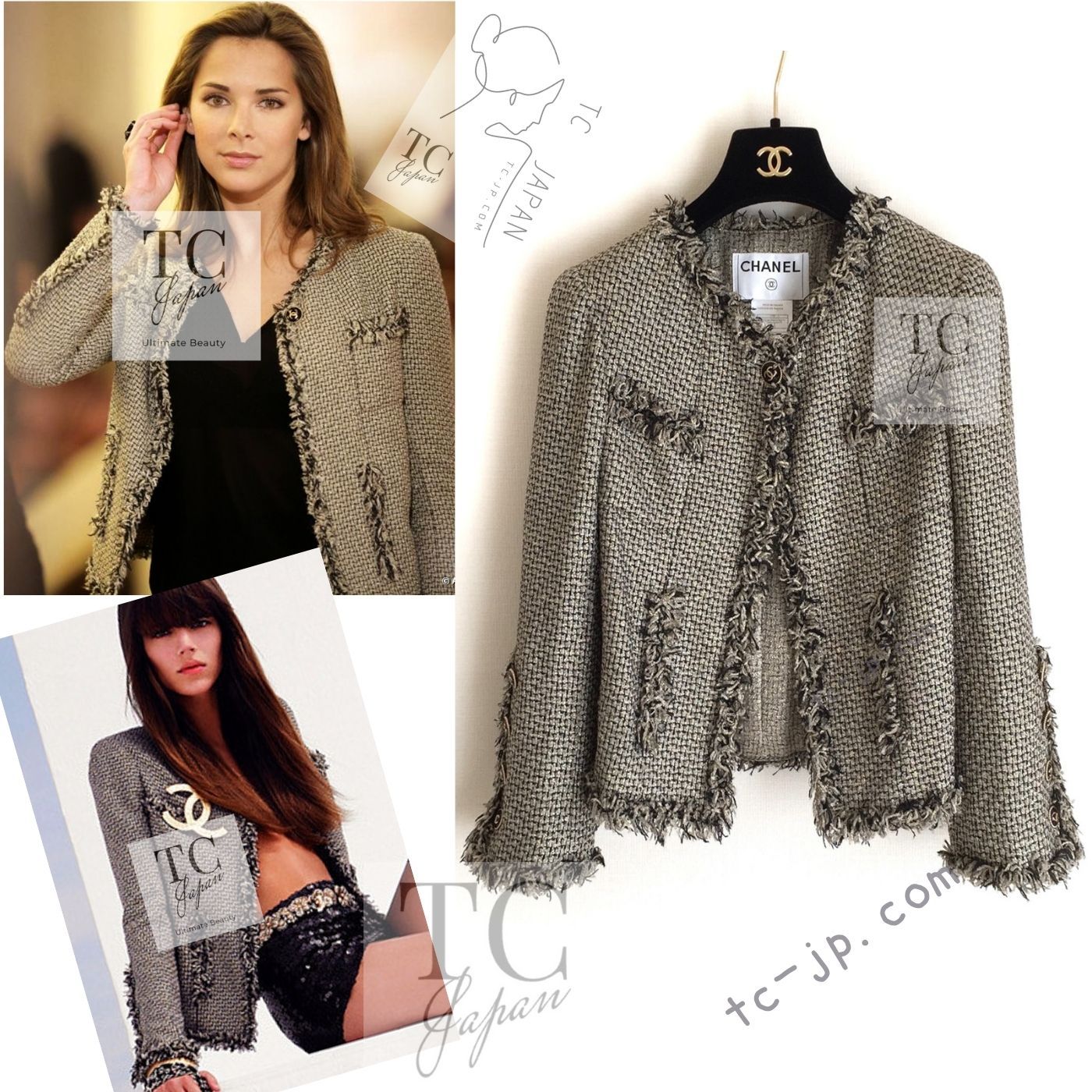 シャネル ジャケット CHANEL ゴールド ブラック ツイード ノーカラー