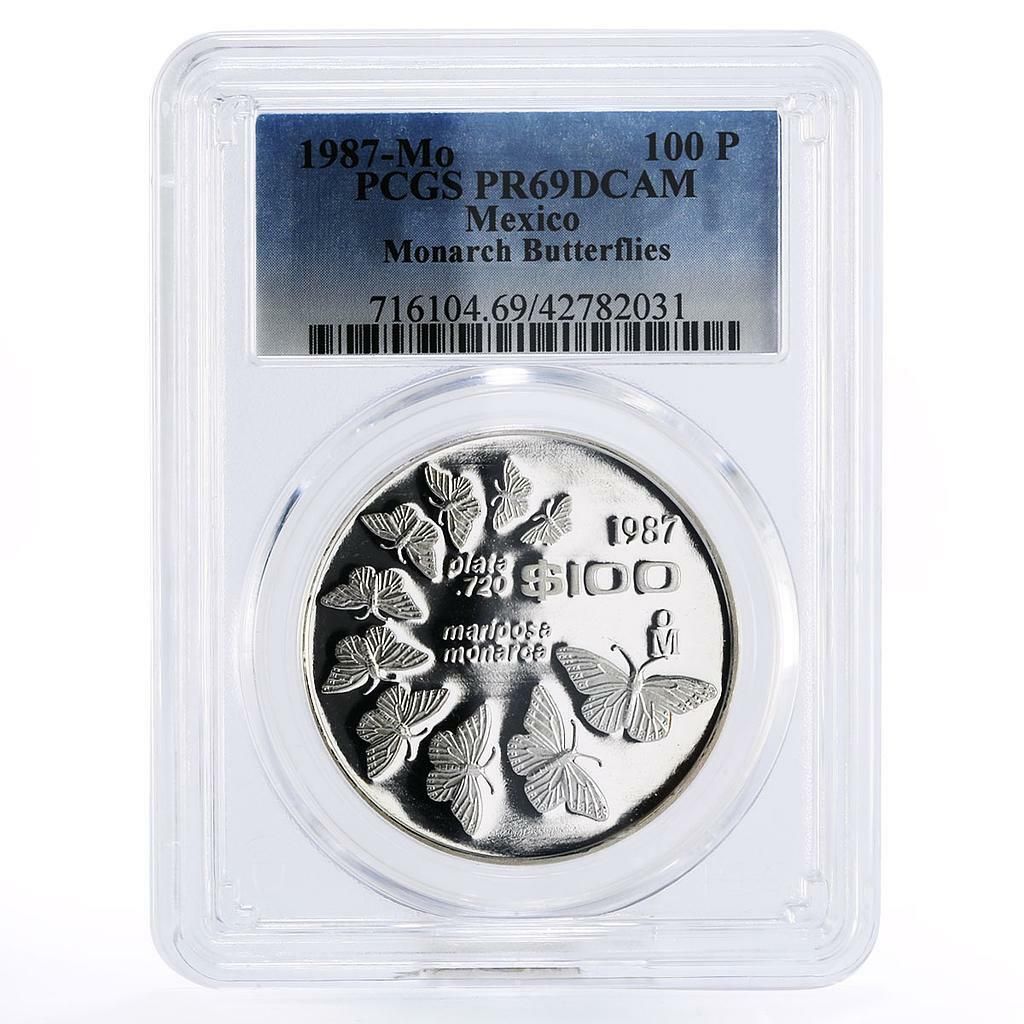 メキシコ 100ペソ 世界野生動物 オオカバマダラ PR69 PCGS 銀貨 1987年