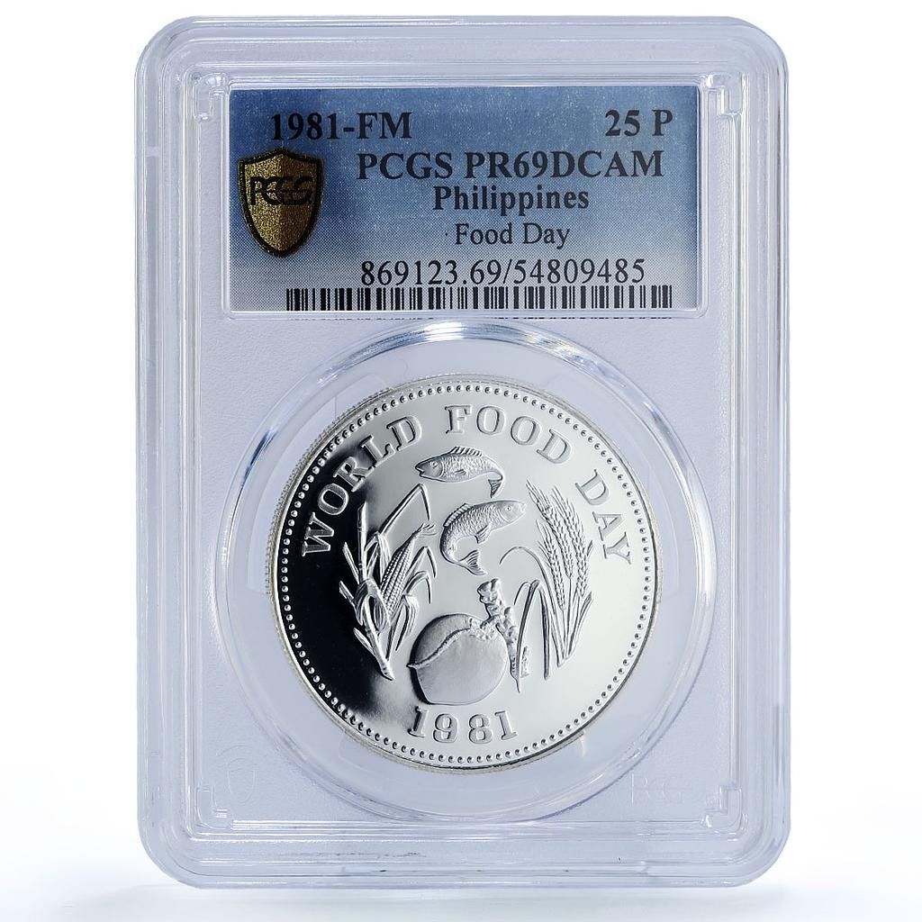 フィリピン 25 ピソ FAO 世界食料デー 魚 果物 PR69 PCGS 銀貨 1981年