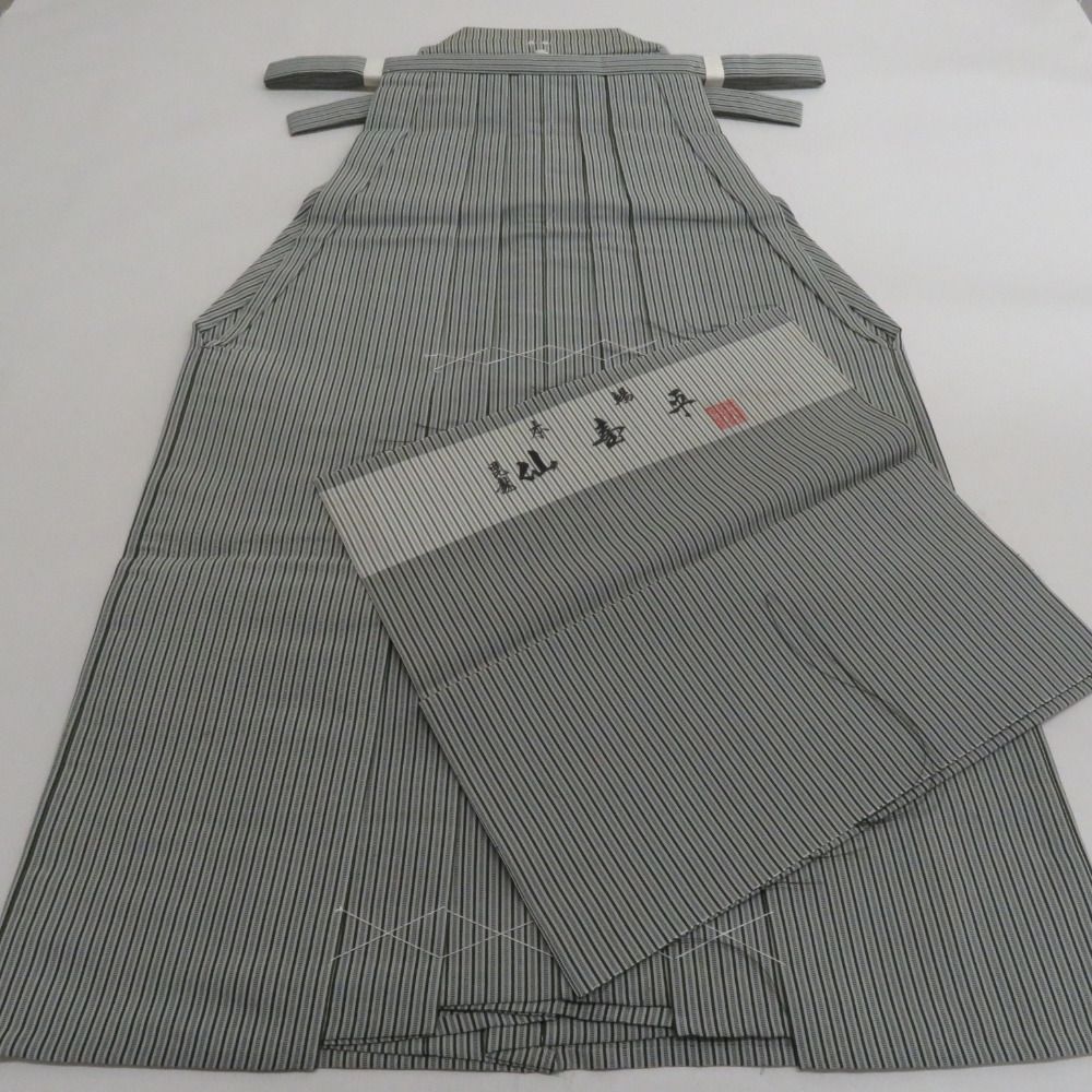 袴 男性用 米沢織 本場毘龍仙台平 馬乗り袴 絹 紐下約81 cm 緑色ｘ灰色 余り布付き 男物はかま 仕立て上がり