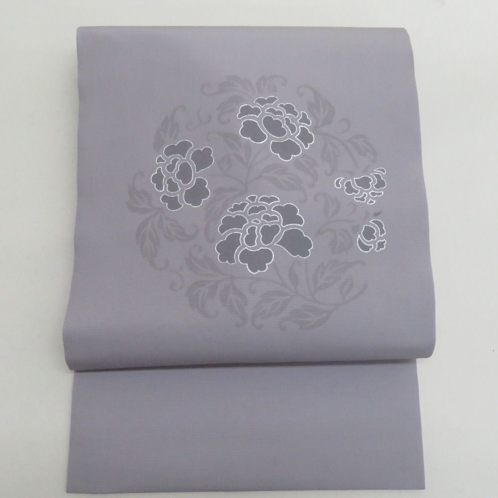 名古屋帯 正絹 塩瀬 紫色x銀色 華紋紋様 お太鼓柄 カジュアル 仕立て