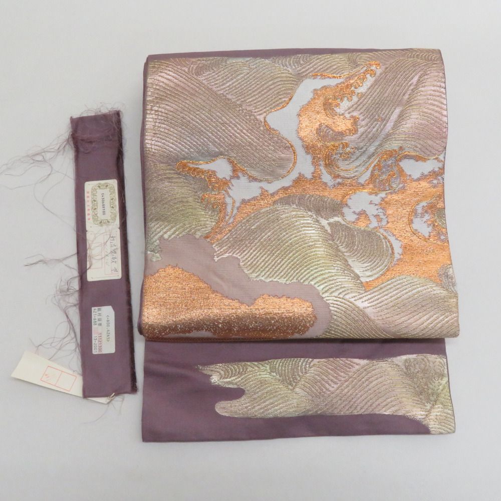 龍村美術織物 袋帯 たつむら 彩流涛波文 紫色x金色xピンク色 金糸