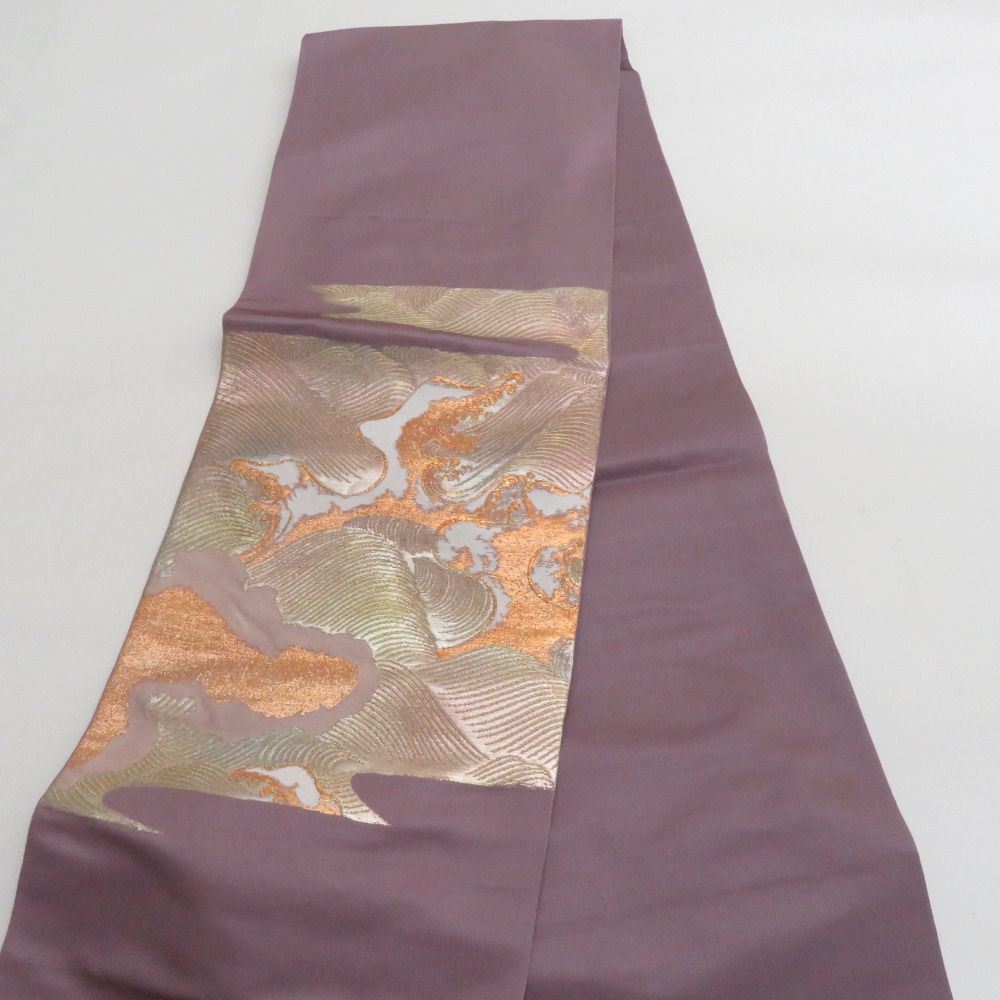 龍村美術織物 袋帯 たつむら 彩流涛波文 紫色x金色xピンク色 金糸