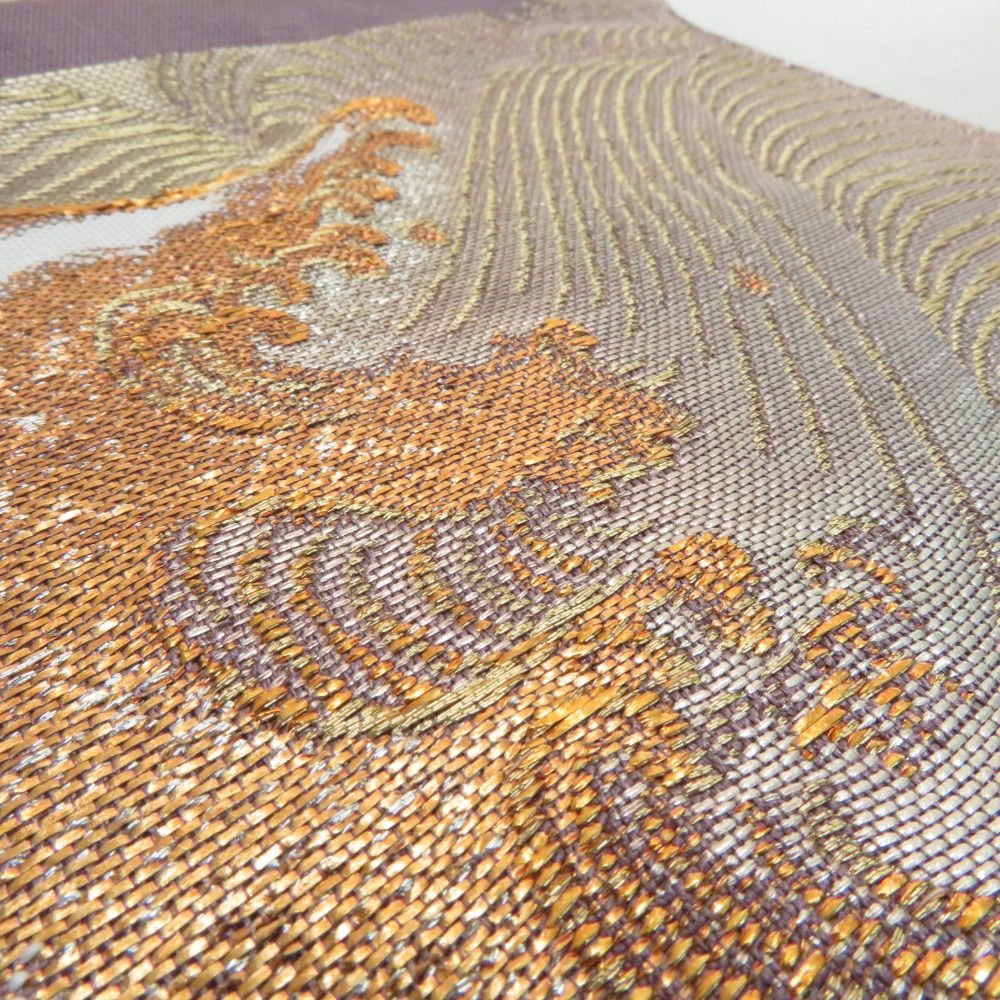 龍村美術織物　たつむら　紬　袋帯　未使用 龍村美術織物 袋帯 たつむら 彩流涛波文 紫色x金色xピンク色 金糸