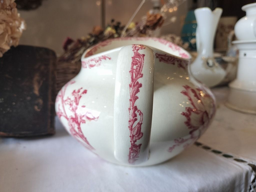 フランス アンティーク 赤い 花装飾 陶器 ピッチャー 1900年 美品