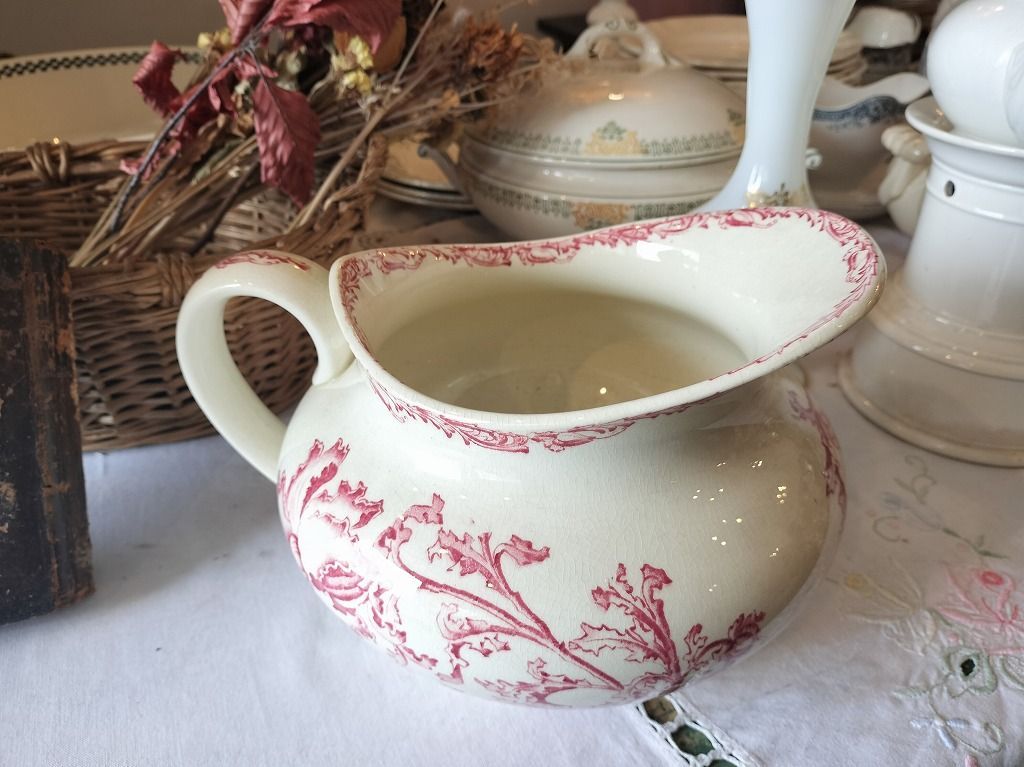 フランス アンティーク 赤い 花装飾 陶器 ピッチャー 1900年 美品