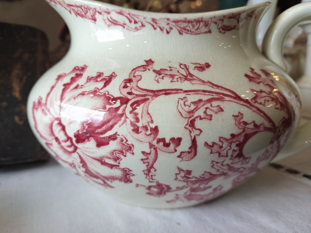 フランス アンティーク 赤い 花装飾 陶器 ピッチャー 1900年 美品