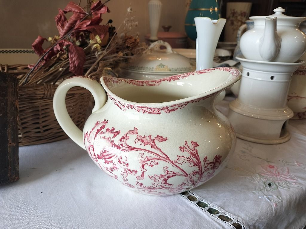 フランス アンティーク 赤い 花装飾 陶器 ピッチャー 1900年 美品