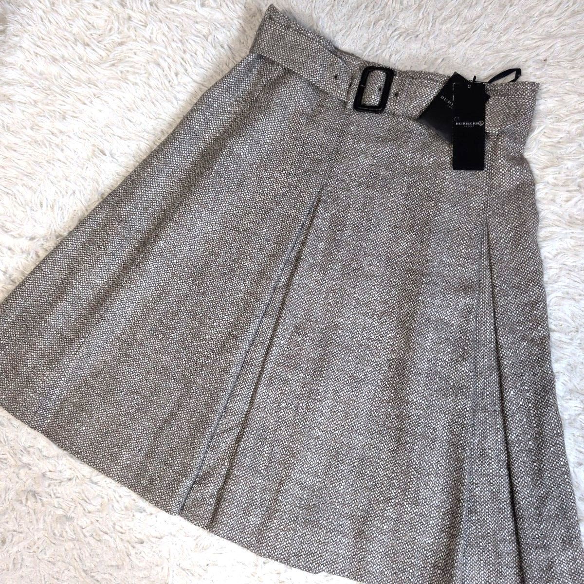 定価5万 バーバリーロンドン LONDON ビッグバックルベルト付きプリーツスカート 大きいサイズ 46 ウール