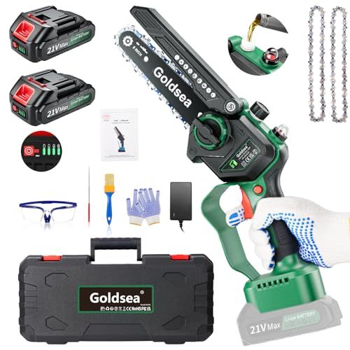 電動チェーンソー 手軽なコンパクトなハンディノコギリ 小型 軽量 女性にも です ブラシレスチェーンソー G sea製の充電式枝切りミニソーは 庭木の剪定や太い生木の切断に 自動給油装置付き 工具組み立て不要の 2つのバッテリ21 v 2 0