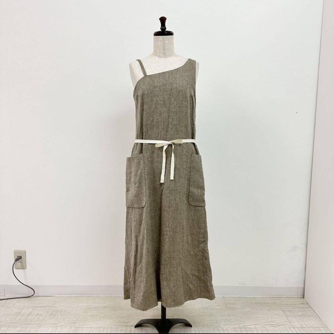 FUMIKA_UCHIDA フミカウチダ ヘリンボーン リネン エプロン ドレス ワンショルダー ワンピース MADE IN JAPAN ベージュ 系 size 36