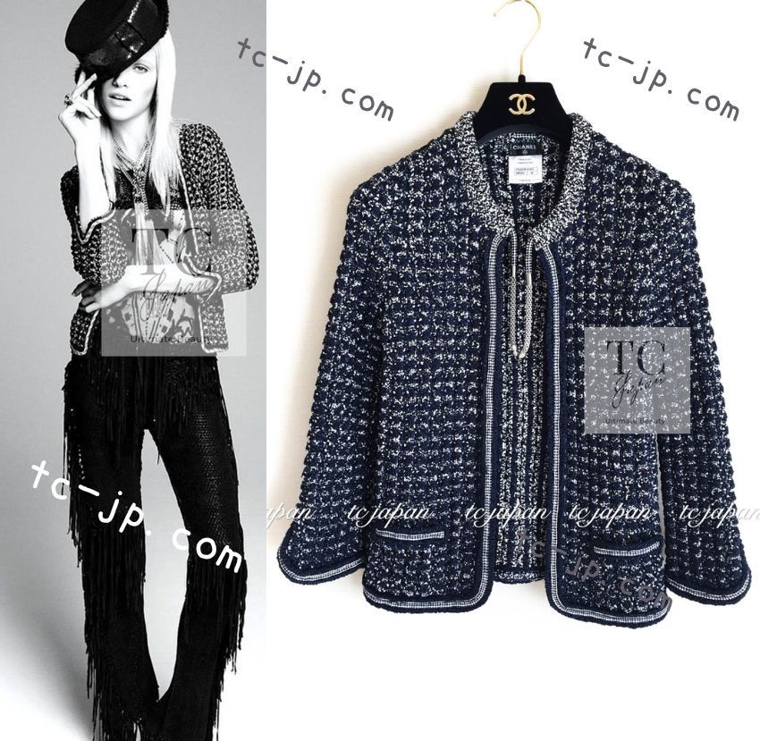 シャネル カーディガン CHANEL ネイビー ブラック チェーン コットン ニット カール ラガーフェルド 49万 超 36 38