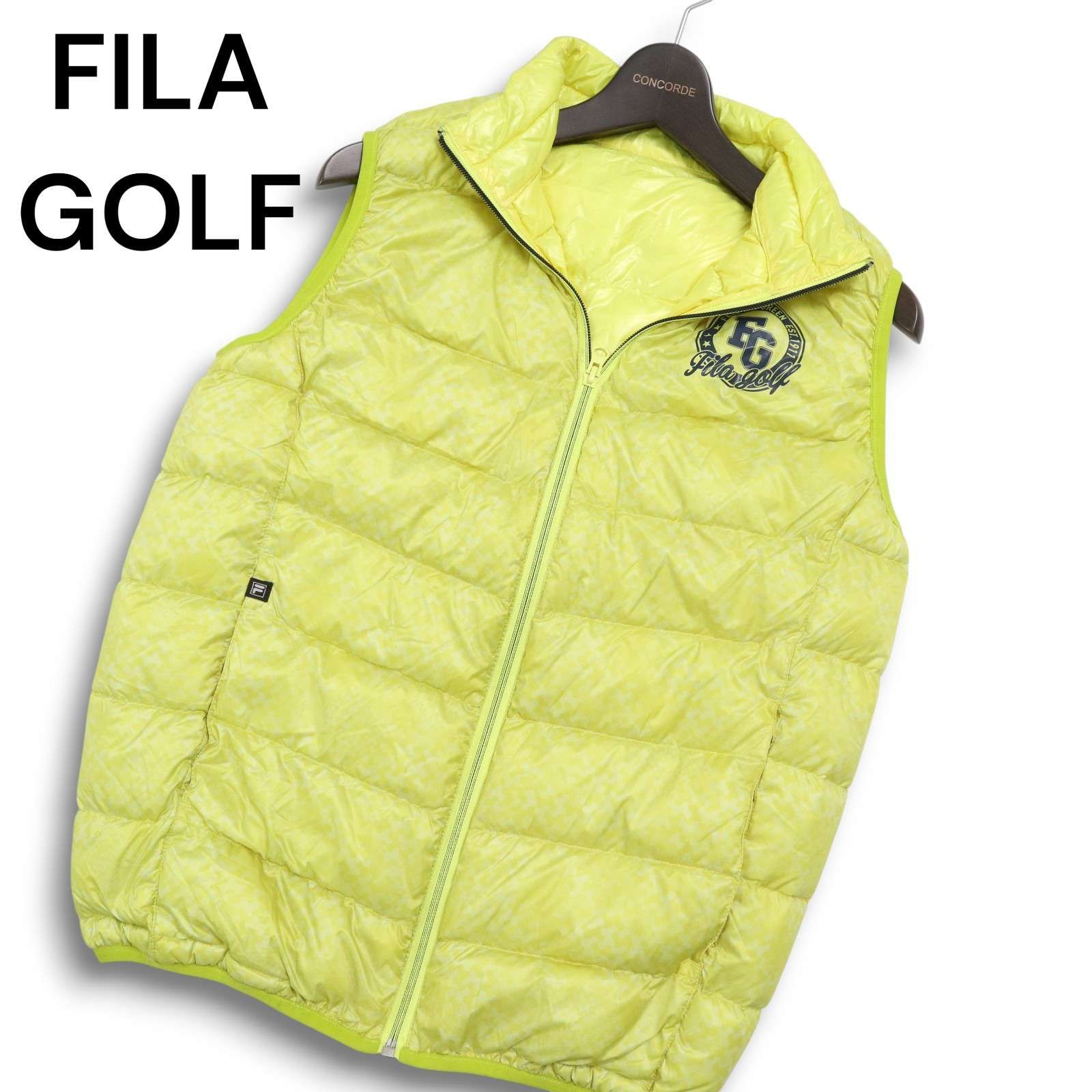  FILA GOLF フィラ ゴルフ 秋冬★ ロゴ 総柄 ダウン ベスト Sz.L メンズ 黄色 ベスト