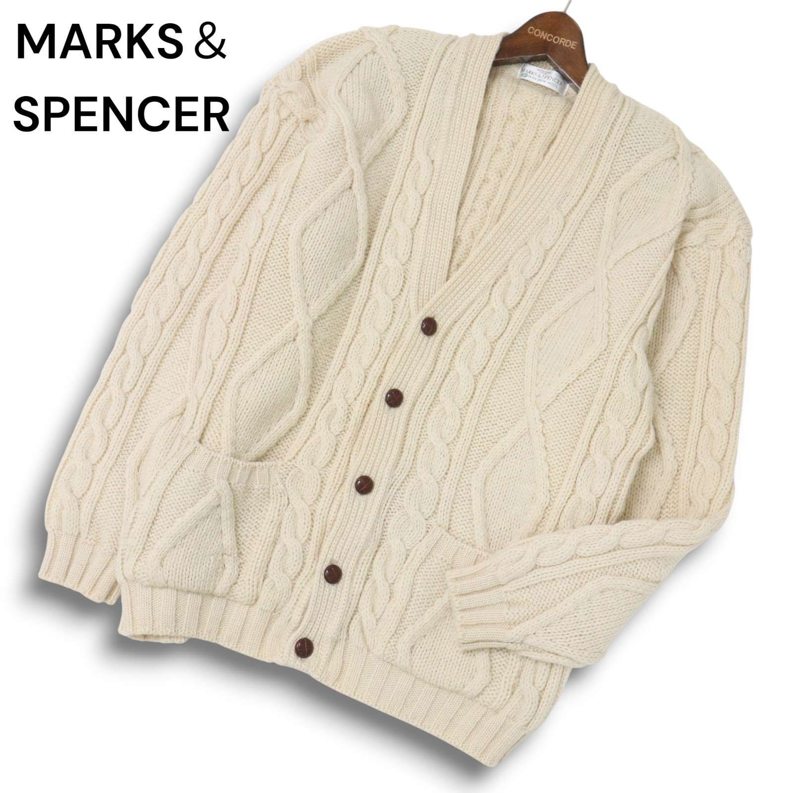 英国製 MARKS u0026 SPENCER マークスアンドスペンサー ウール100％ アラン編み ニット カーディガン Sz.M メンズ