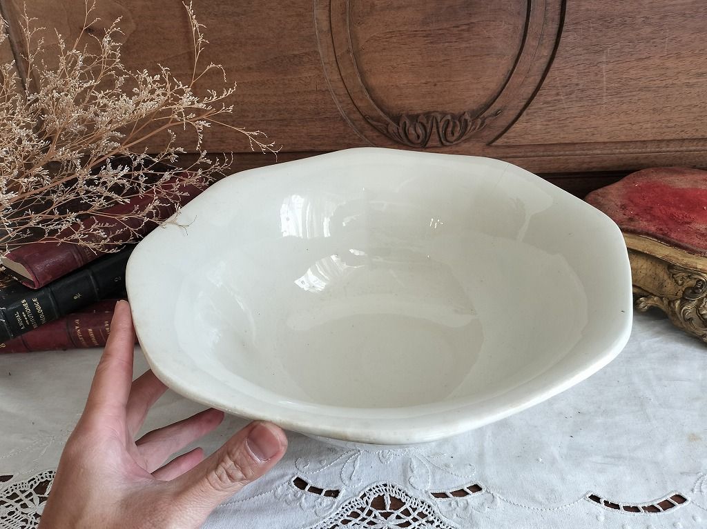 フランス アンティーク Badonviller 白い 陶器 大きい ボウル 1900年