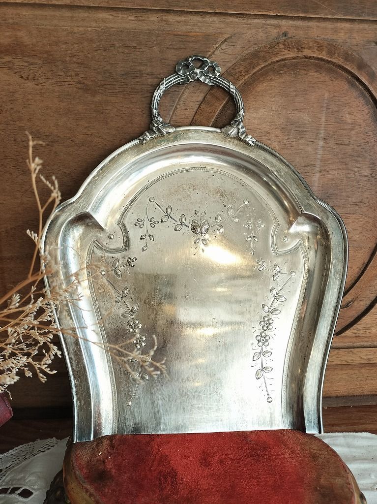 フランス アンティーク リボン装飾 銀メッキ 塵取り トレー ダストパン