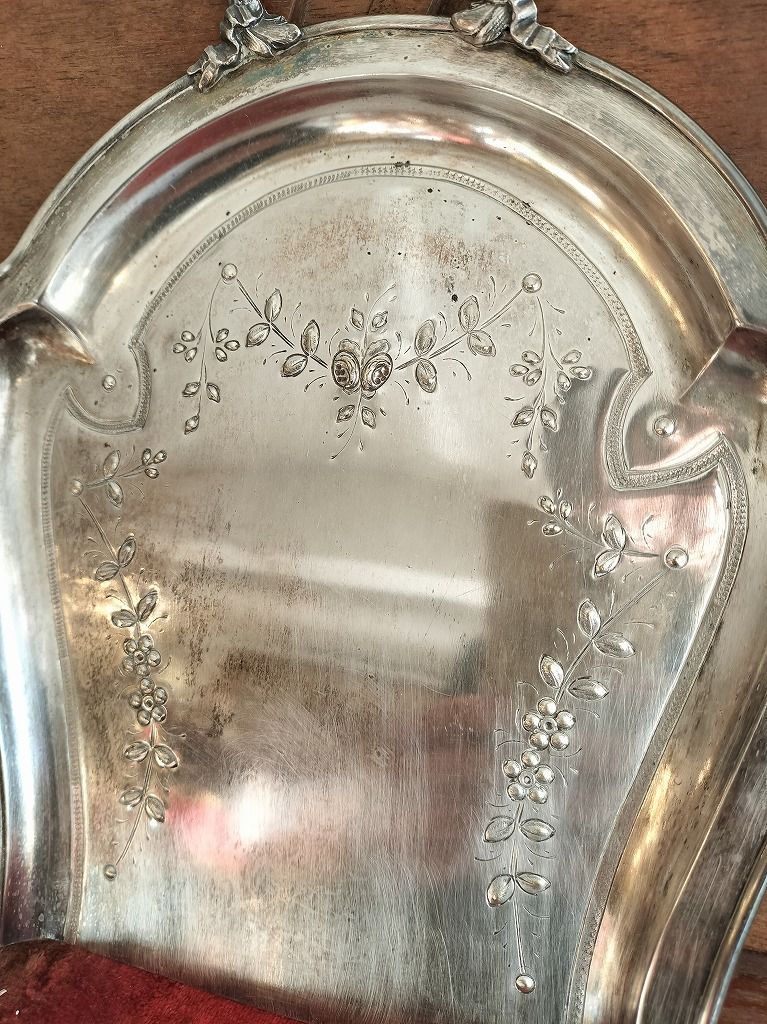 フランス アンティーク リボン装飾 銀メッキ 塵取り トレー ダストパン