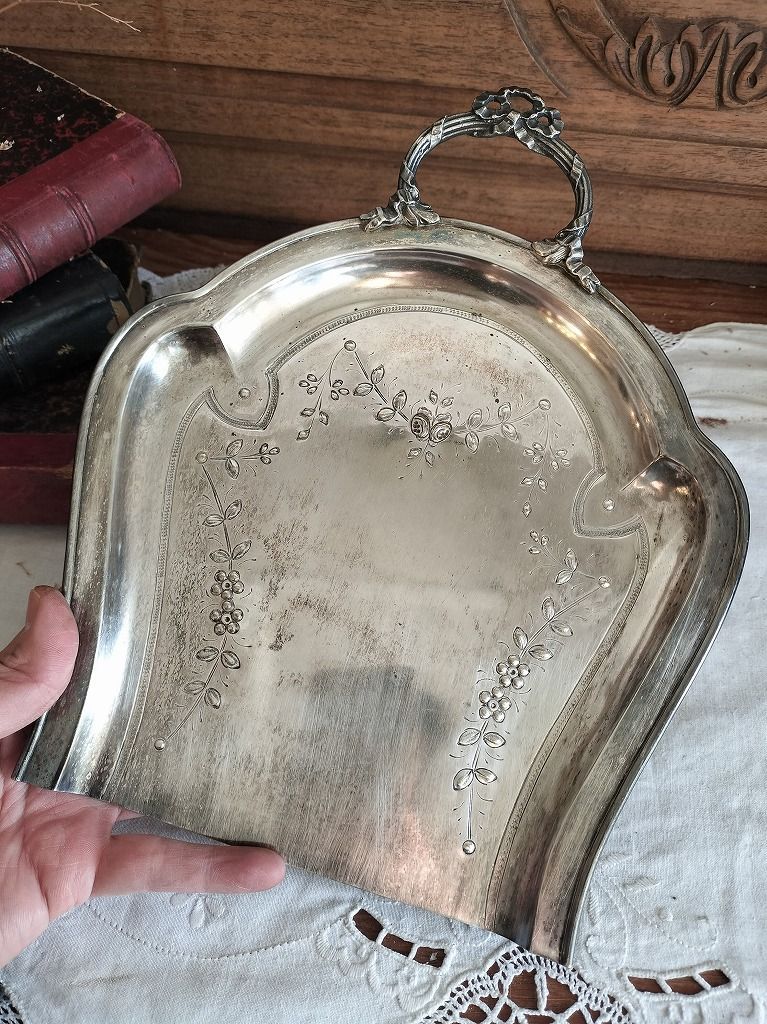 フランス アンティーク リボン装飾 銀メッキ 塵取り トレー ダストパン