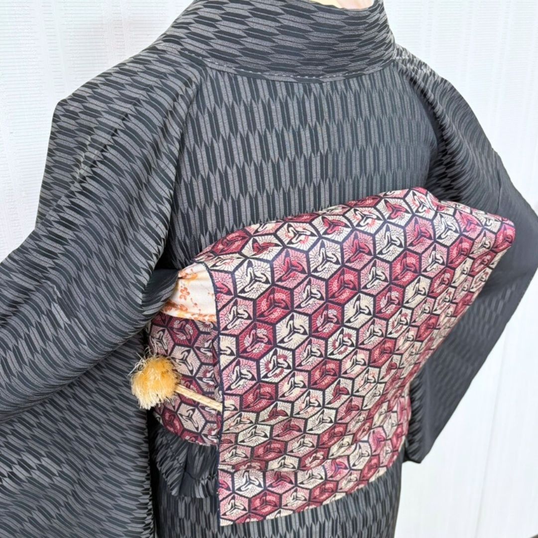 小紋 セット 名古屋帯 帯揚げ 帯締め 矢絣 正絹 身丈152cm 裄62.5cm