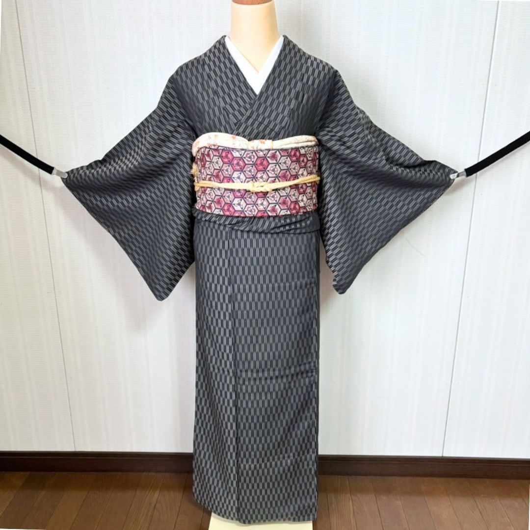 小紋 セット 名古屋帯 帯揚げ 帯締め 矢絣 正絹 身丈152cm 裄62.5cm