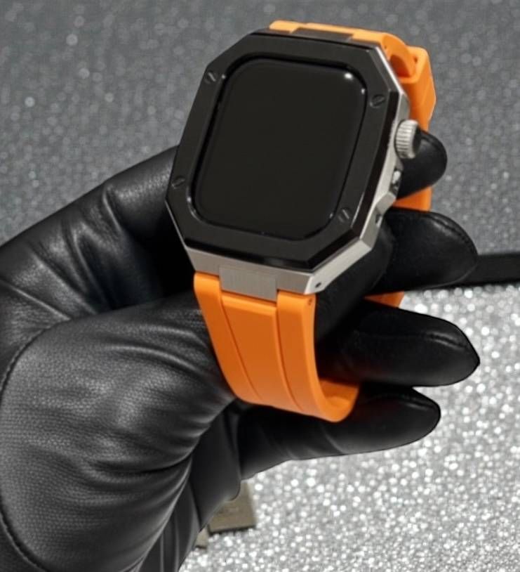 ブラックシルバーオレンジ 新型モデル モデル ワンタッチ アップルウォッチ カスタム ケース カバー メタル ラバーバンド ベルト スクリューレス設計