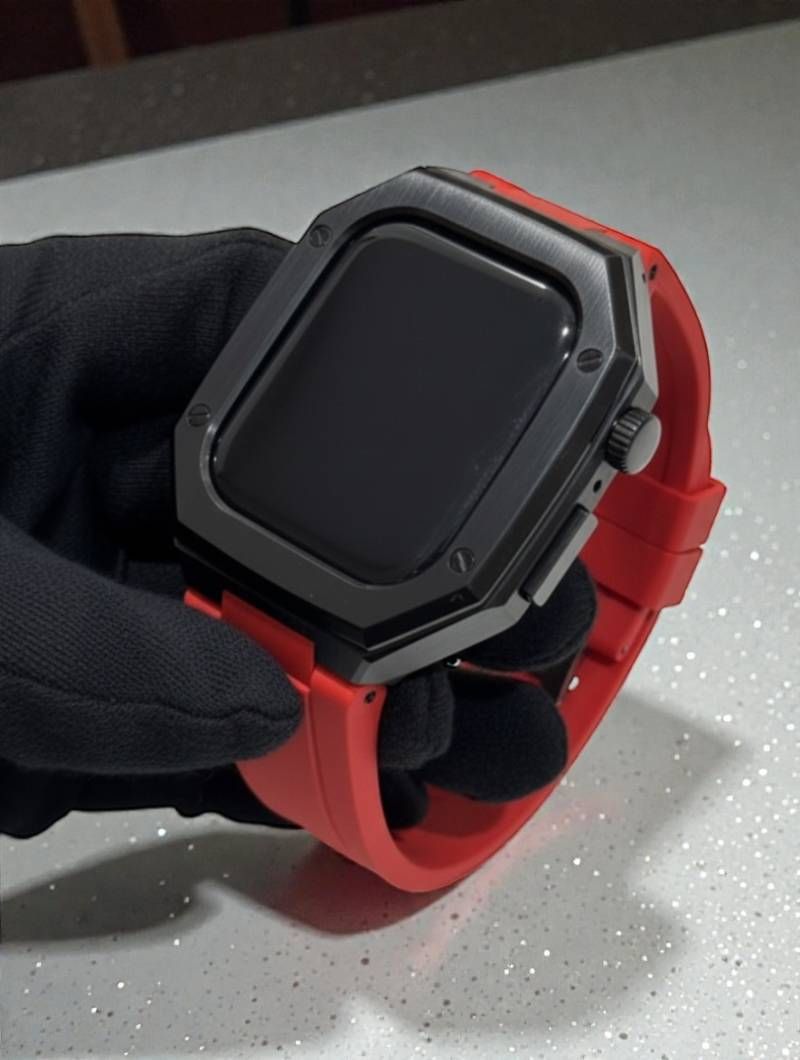 ブラックレッド 新型モデル モデル ワンタッチ アップルウォッチ カスタム ケース カバー メタル ラバーバンド ベルト スクリューレス設計