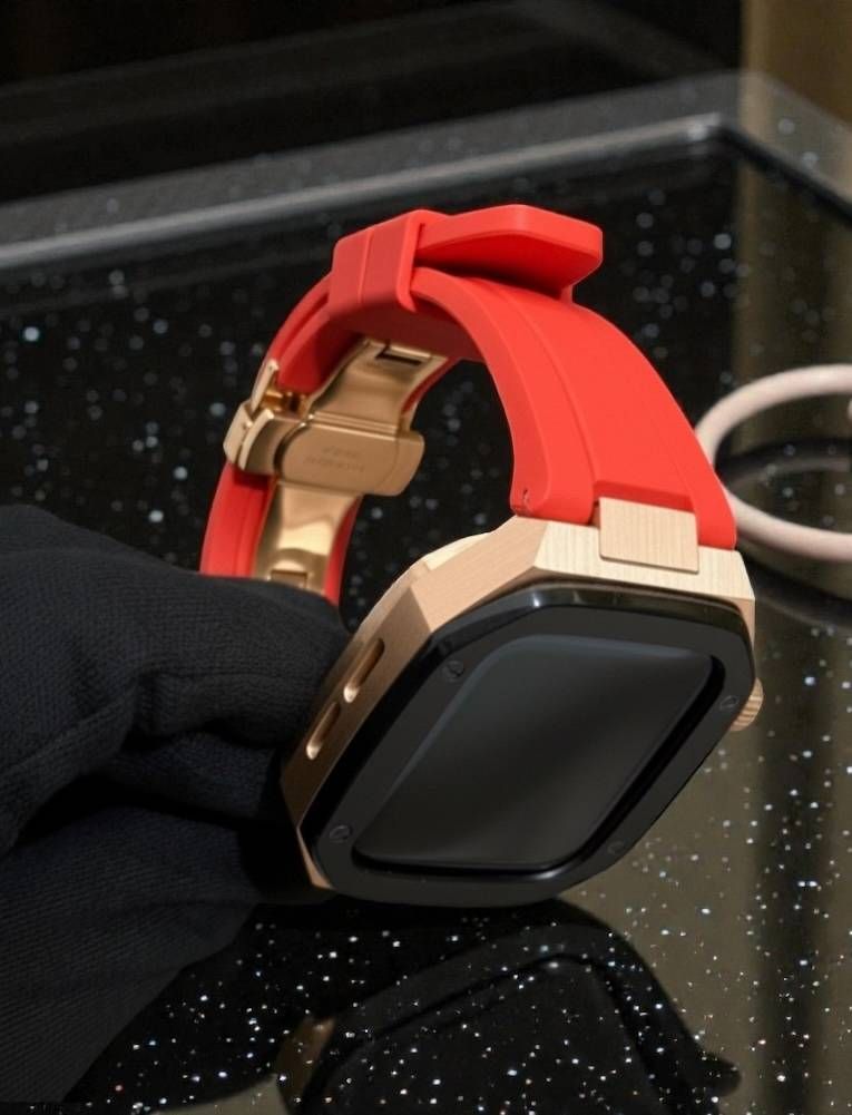 ローズゴールドブラック レッド 新型モデル モデル ワンタッチ アップルウォッチ カスタム ケース カバー メタル ラバーバンド ベルト スクリューレス設計