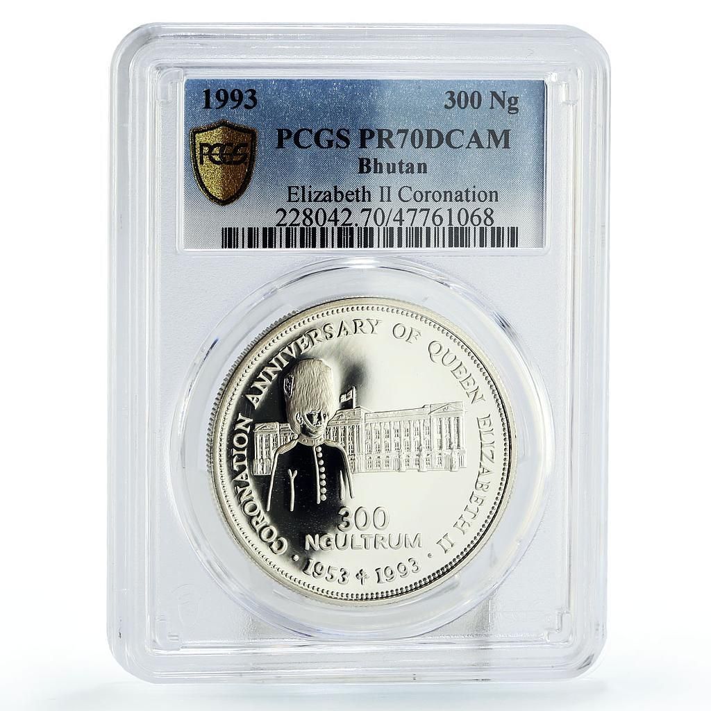 ブータン 300 ヌルタム エリザベス女王戴冠式 政治 PR 70 PCGS Ag コイン 1993