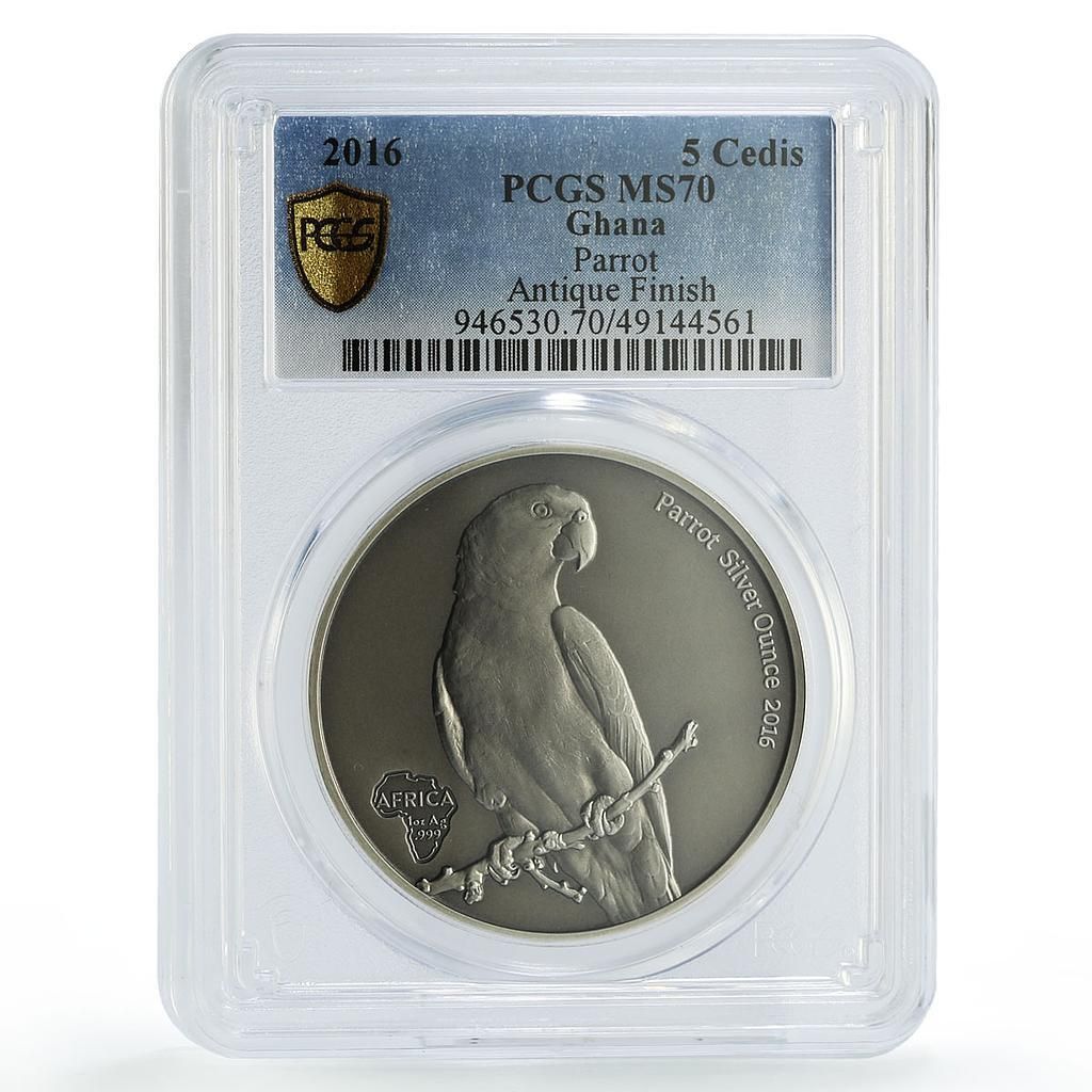 ガーナ 5セディ アフリカンオンス 野生動物 オウム 鳥 MS 70 PCGS 銀貨 2016年