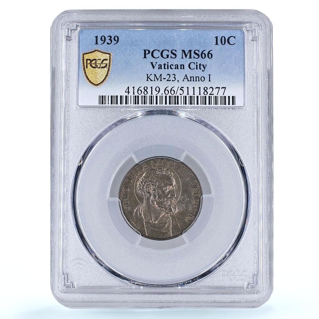 イタリア バチカン 10 センテシミ 教皇ピリピ 12 世 聖ペテロ MS 66 PCGS AlBr コイン 1939 年