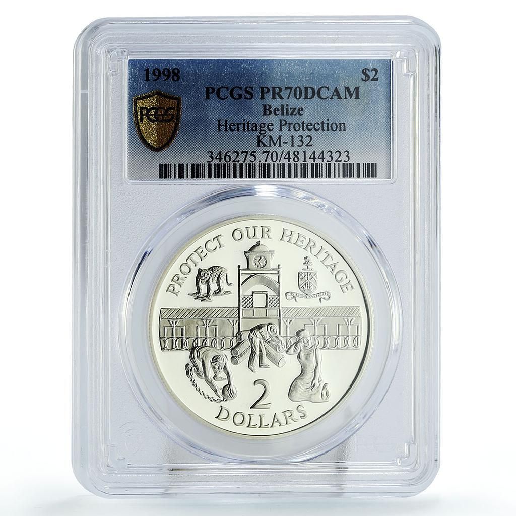 ベリーズ 2ドル 保護遺産 文化 歴史 芸術 PR 70 PCGS 銀貨 1998年