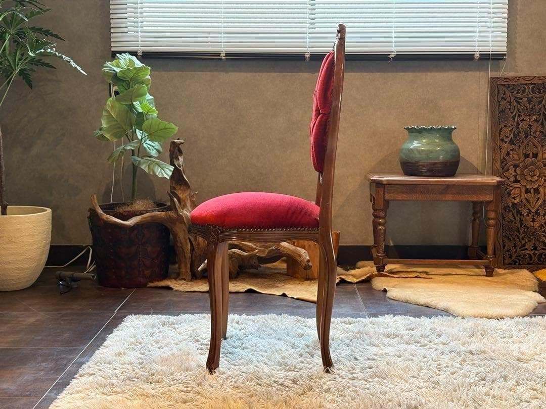 希少　猫脚　クラシック　アンティークチェア　木彫り　レッドボタンダウン　SZ 希少 猫脚 クラシック アンティークチェア 木彫り レッドボタンダウン