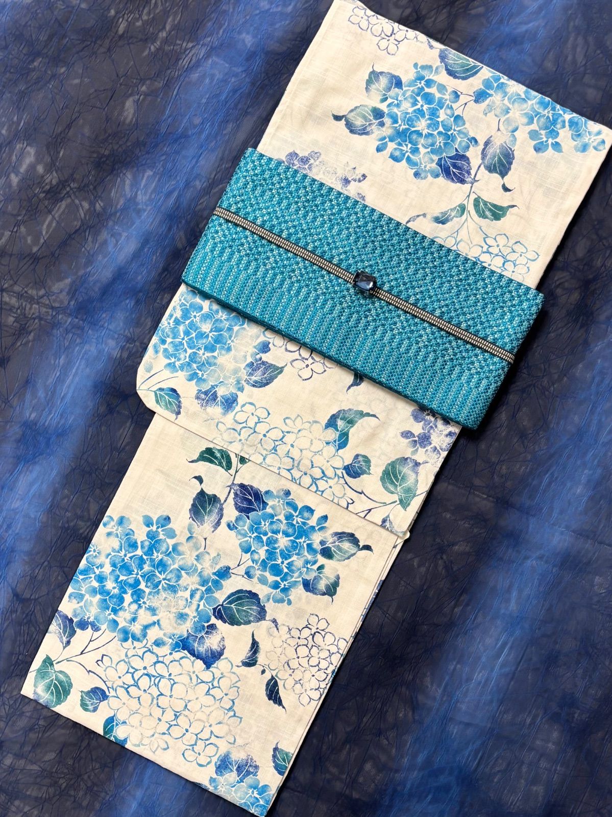 大人のゆかた 綿浴衣4点セット プレタ浴衣 単帯 帯〆 帯留 紫陽花水