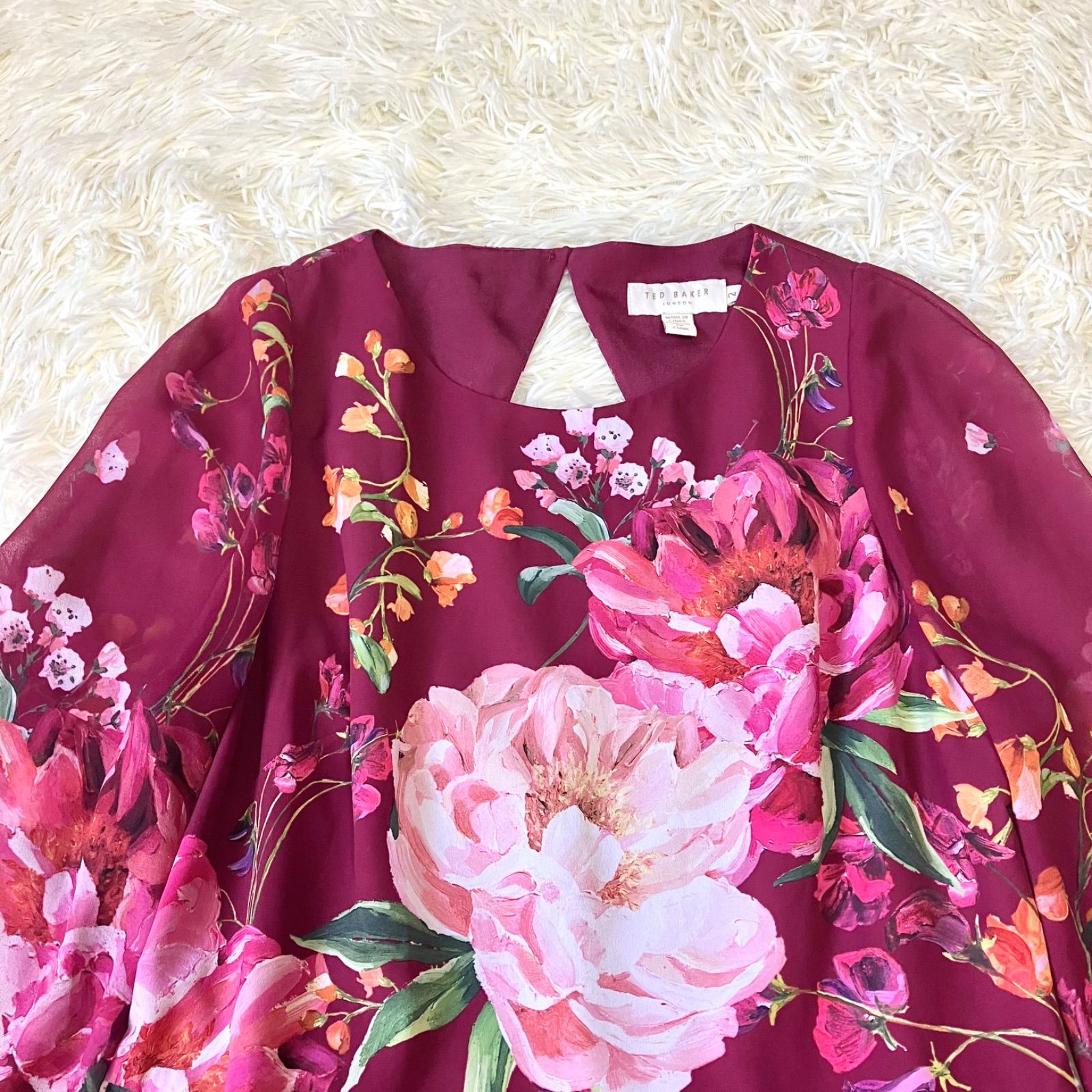 TED BAKER フラワープリントのプリーツドレス フレアワンピース 長袖