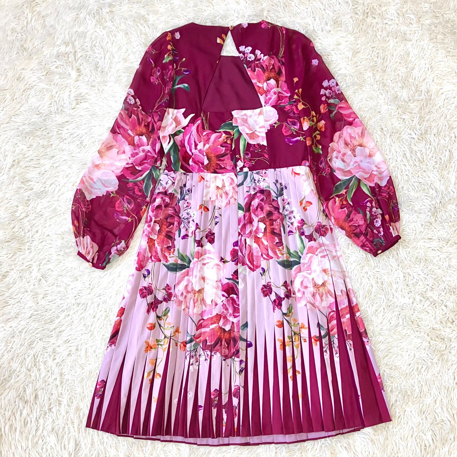 TED BAKER フラワープリントのプリーツドレス フレアワンピース 長袖