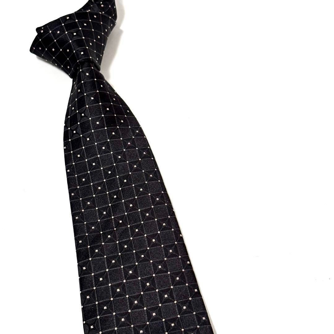 極美品✨ジョルジオアルマーニ ネクタイ 光沢 ブラック 黒 格子模様