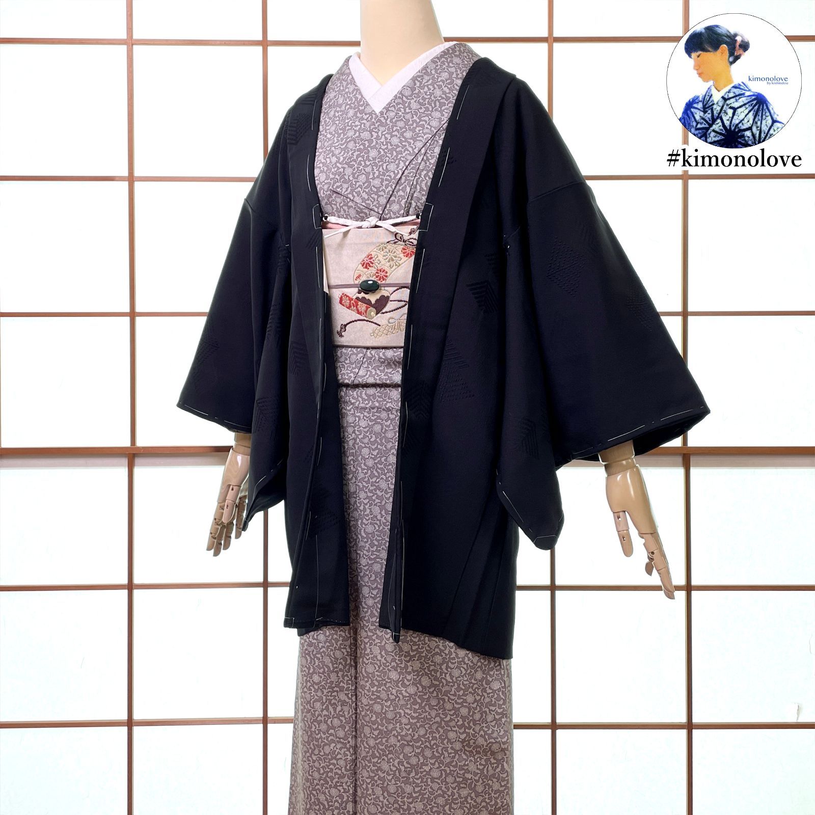 羽織 一つ紋 正絹 松葉菱 ブラック 着物 kimonolove オゾン消臭サービス A 2596