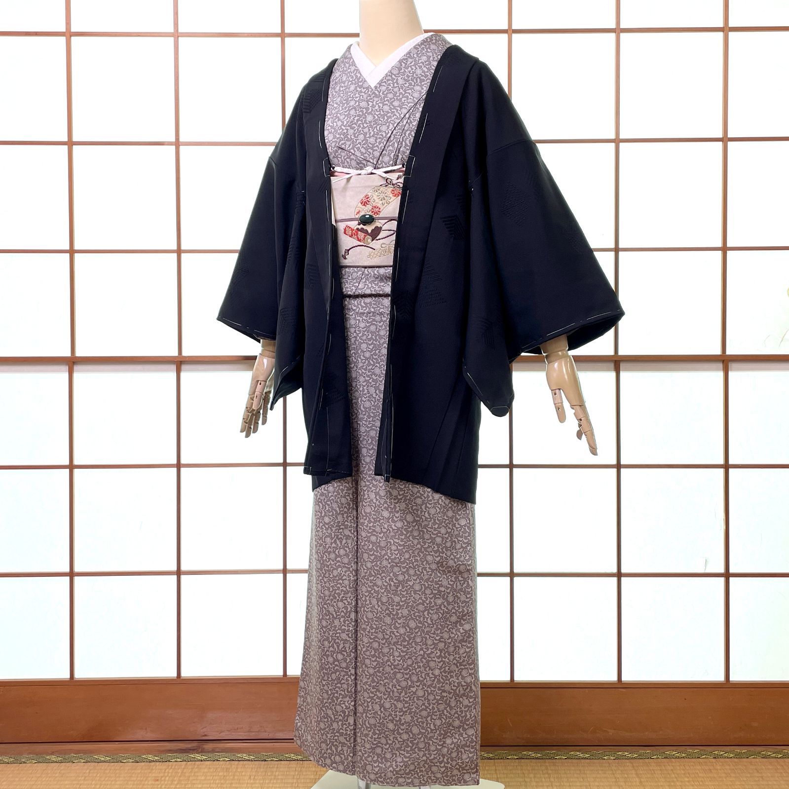 羽織 一つ紋 正絹 松葉菱 ブラック 着物 kimonolove オゾン消臭サービス A-2596