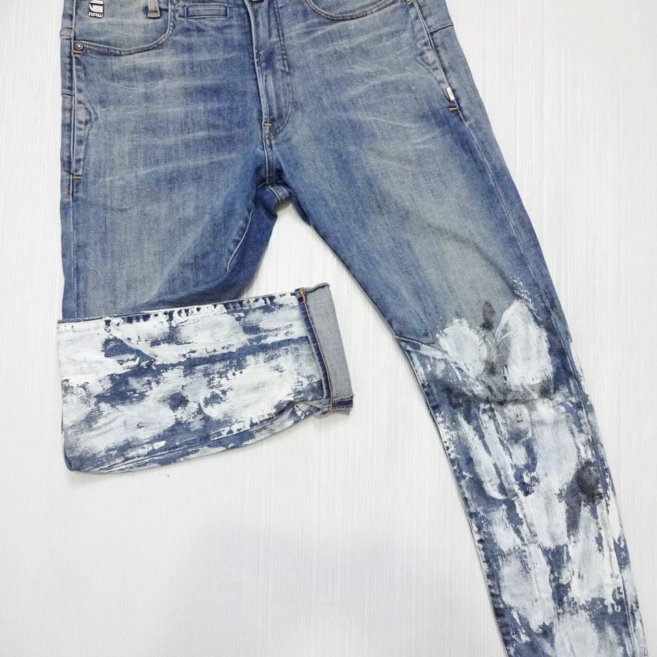 G-STAR RAW D-STAQ 3D スキニー W80cm 強 ストレッチ 淡青 ペンキ加工