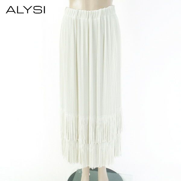 80 OFF アリジ ALYSI スカート 40 ESK 726 Mサイズ オフホワイト レディース ロングスカート フリンジスカート プリーツ イタリア製