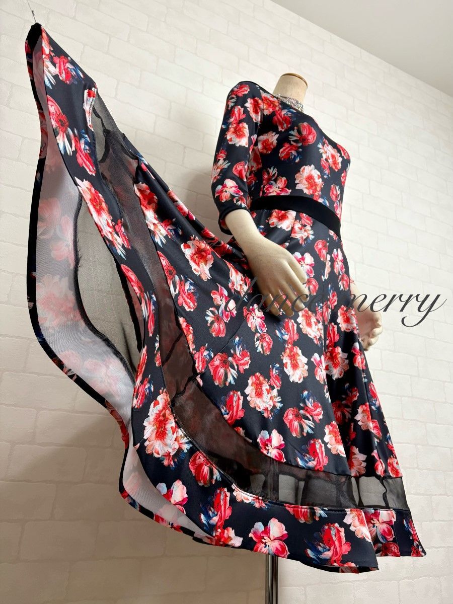 新品　社交ダンス　ワンピース　黒　赤　短め　レッスン　タンゴ　2414 MERRY】新品 社交ダンス ワンピース 黒 赤 短め レッスン タンゴ 2414