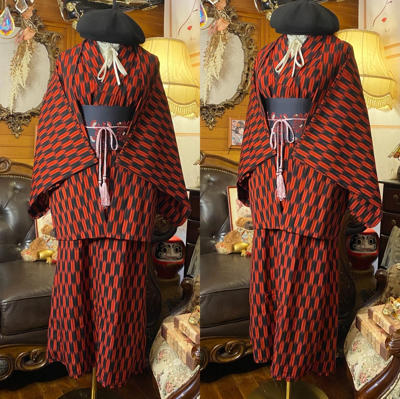 和洋折衷ロングワンピース 着物アンサンブル 名古屋帯サッシュベルト付き ハンドメイド レトロ 古着 黒×赤 矢羽根 aKW-112